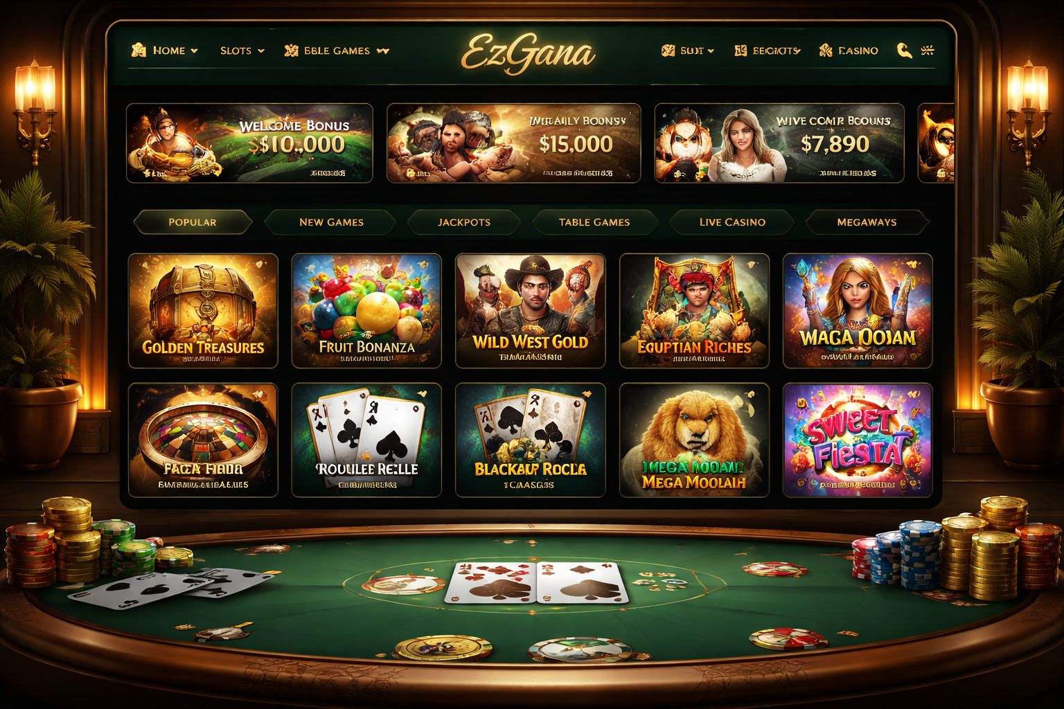 Vista general de la plataforma en línea EzGana Casino con categorías de juegos organizadas