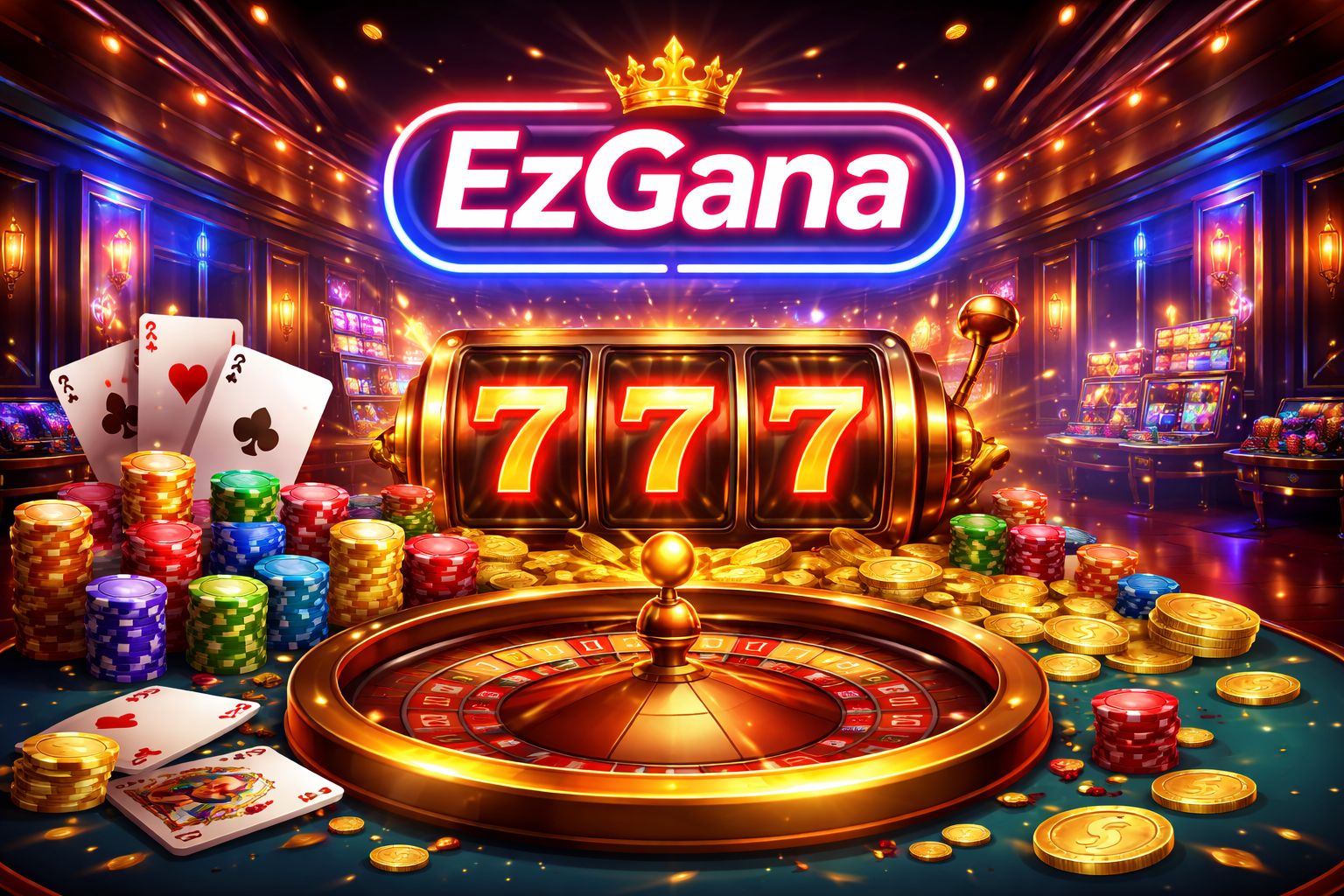 Ilustración dinámica del lobby de juegos EzGana con rodillos de tragamonedas brillantes, cartas, fichas y un letrero de neón EzGana visible.
