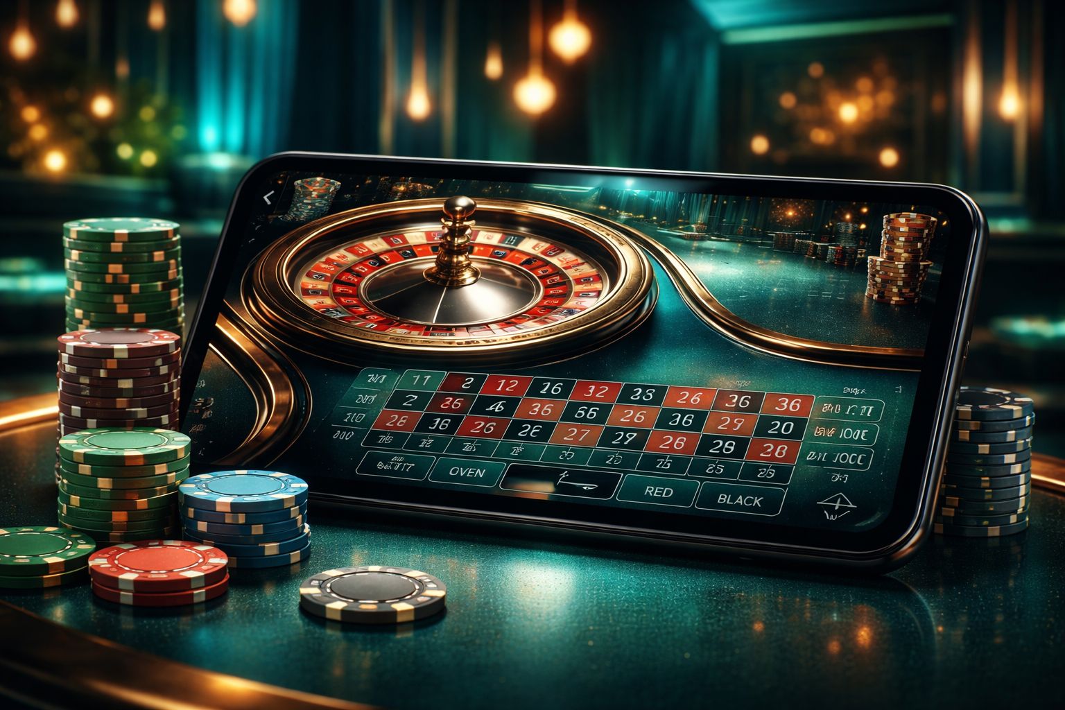 Configuración moderna de casino en vivo en una pantalla móvil con visuales de mesa de crupier, fichas e iluminación de estudio pulida.