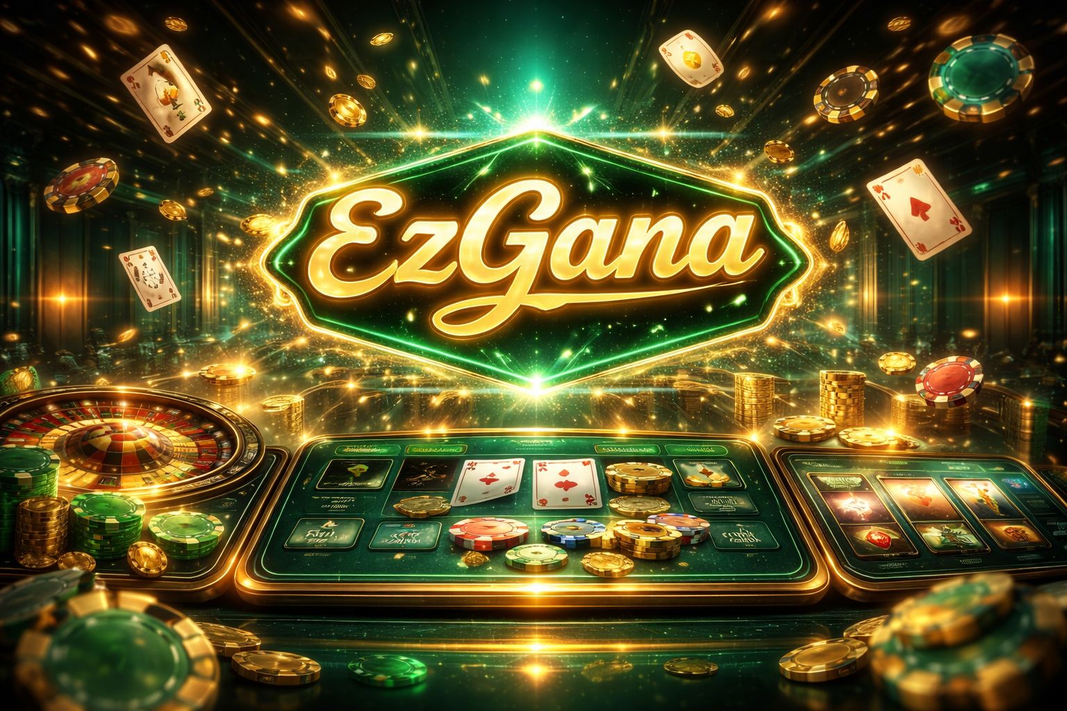 Escena dinámica de juegos con señalización luminosa de EzGana, fichas de casino, cartas, monedas y una interfaz digital moderna de apuestas.