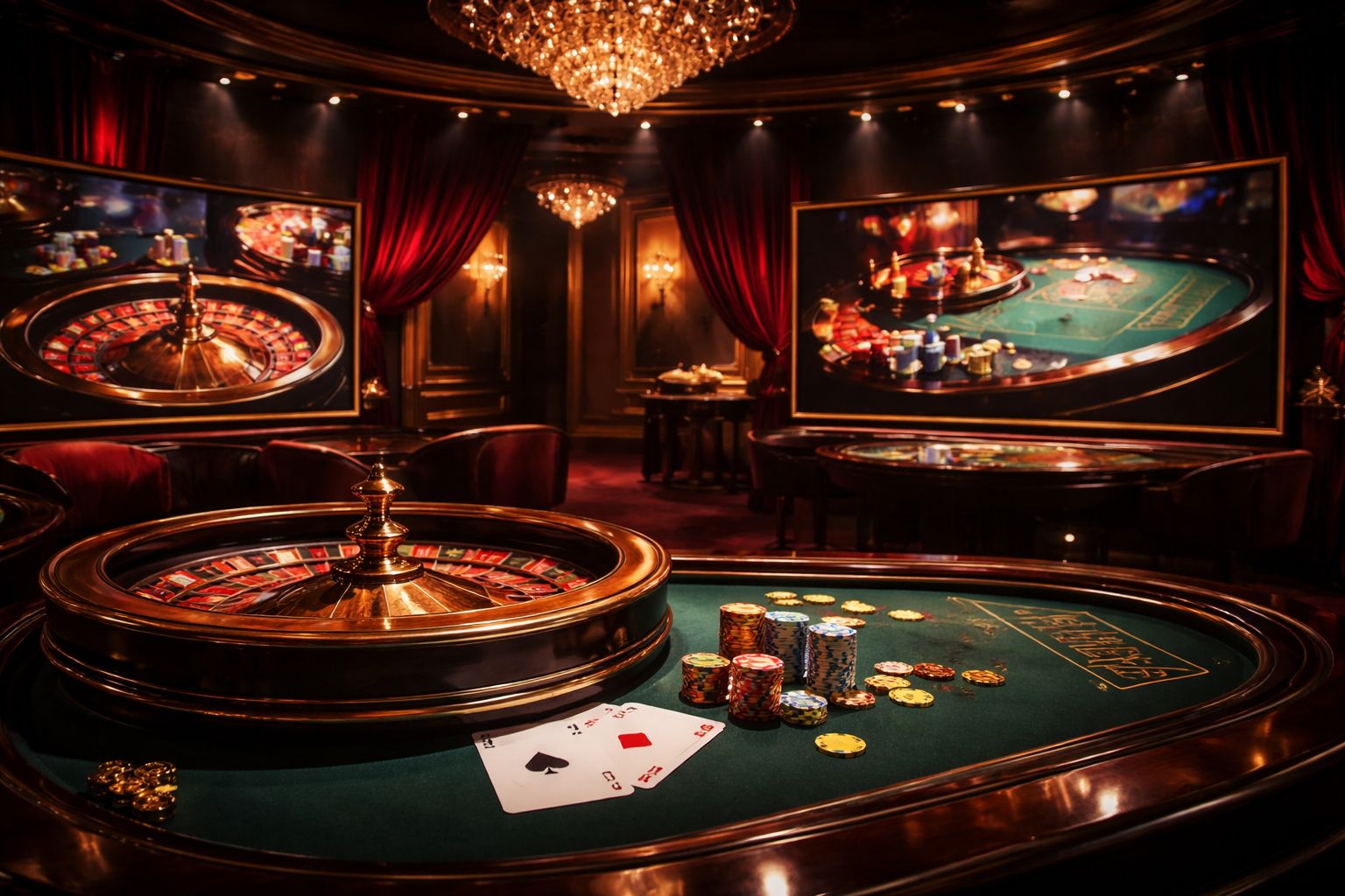 Escena elegante de estudio de casino en vivo con ruleta, cartas, fichas y una configuración digital pulida para EzGana.