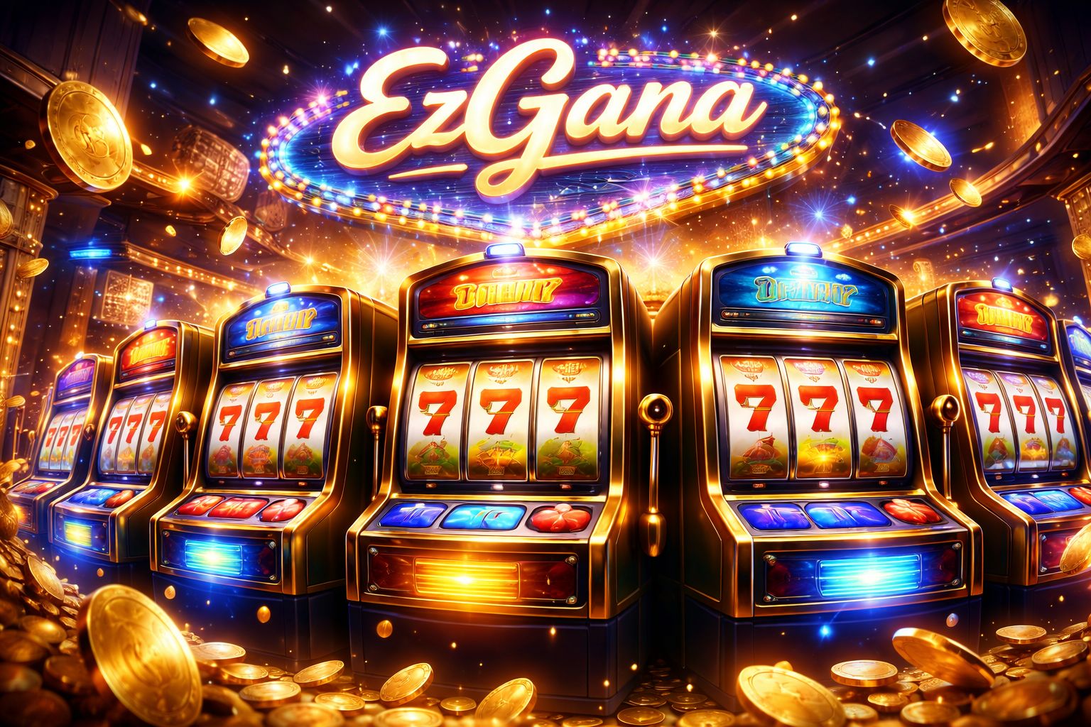 Interfaz de tragamonedas EzGana con carretes brillantes y luces de casino